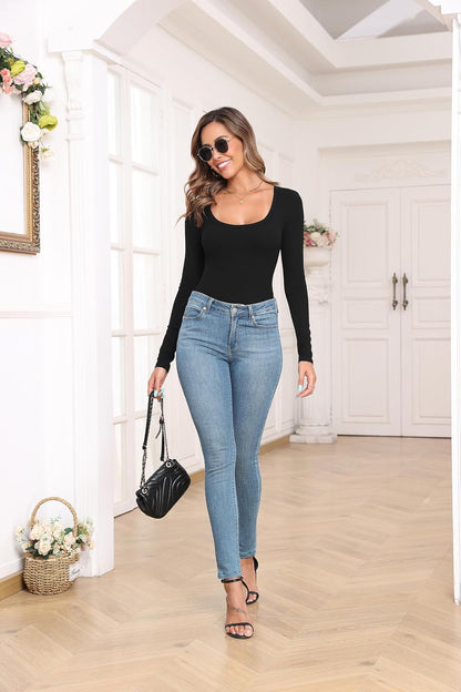 Womens Scoop Neck Long Sleeve Ribbed Knit Bodysuits Stretchy Basic T Shirt Body Suit Tops