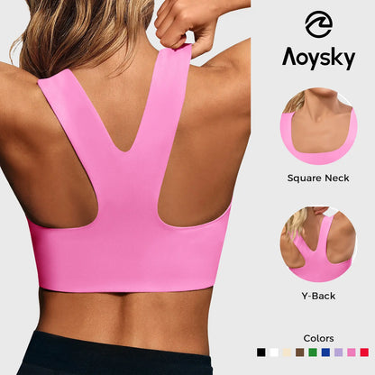 Aoysky Women'S Buttery Soft Square Neck Padded Compressive Seamless Longline Sports Bra - Bras for Women, Activewear Crop Top for Yoga, Running Workouts, Sports Bra for Women,Travel Essentials,Camping Essentials